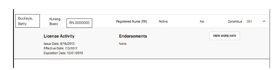 screenshot of RN license summary